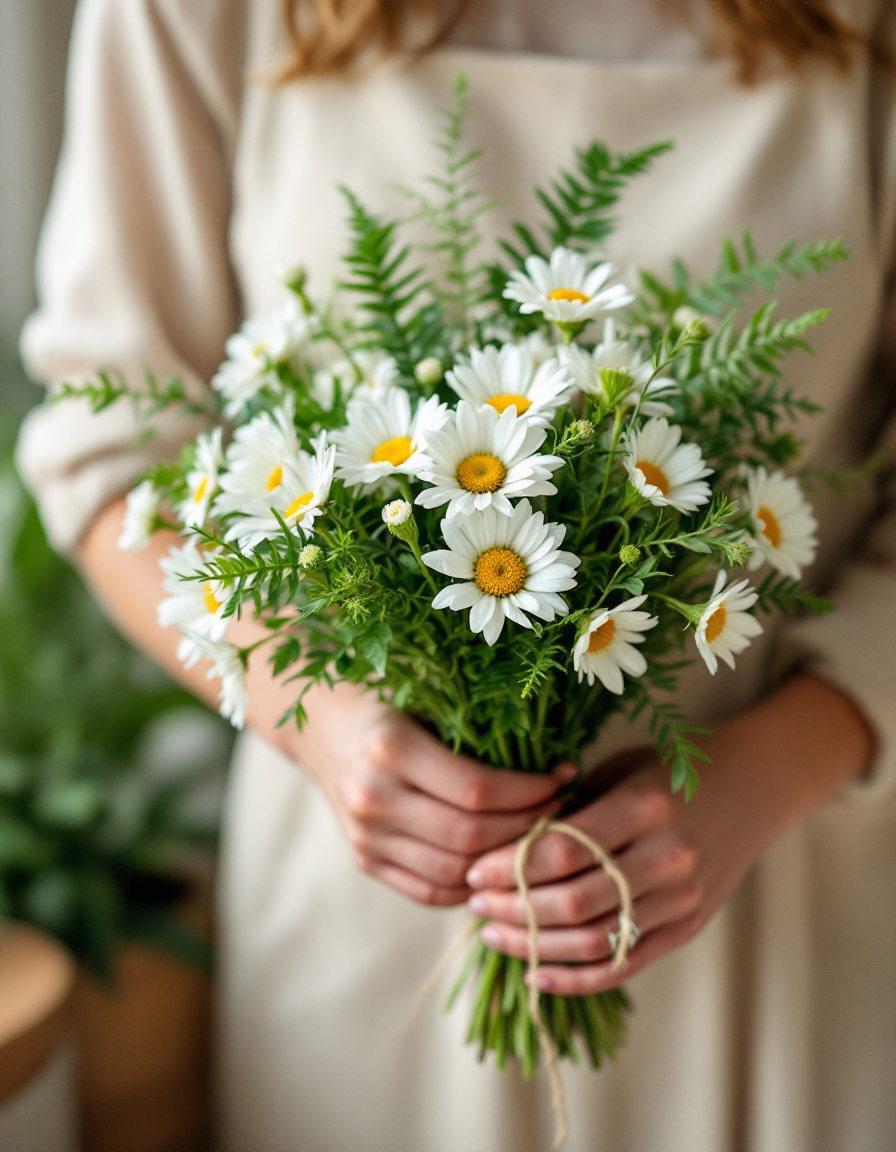 A florist's hands tying a loose bouquet of marguerite daisies and fern fronds with twine