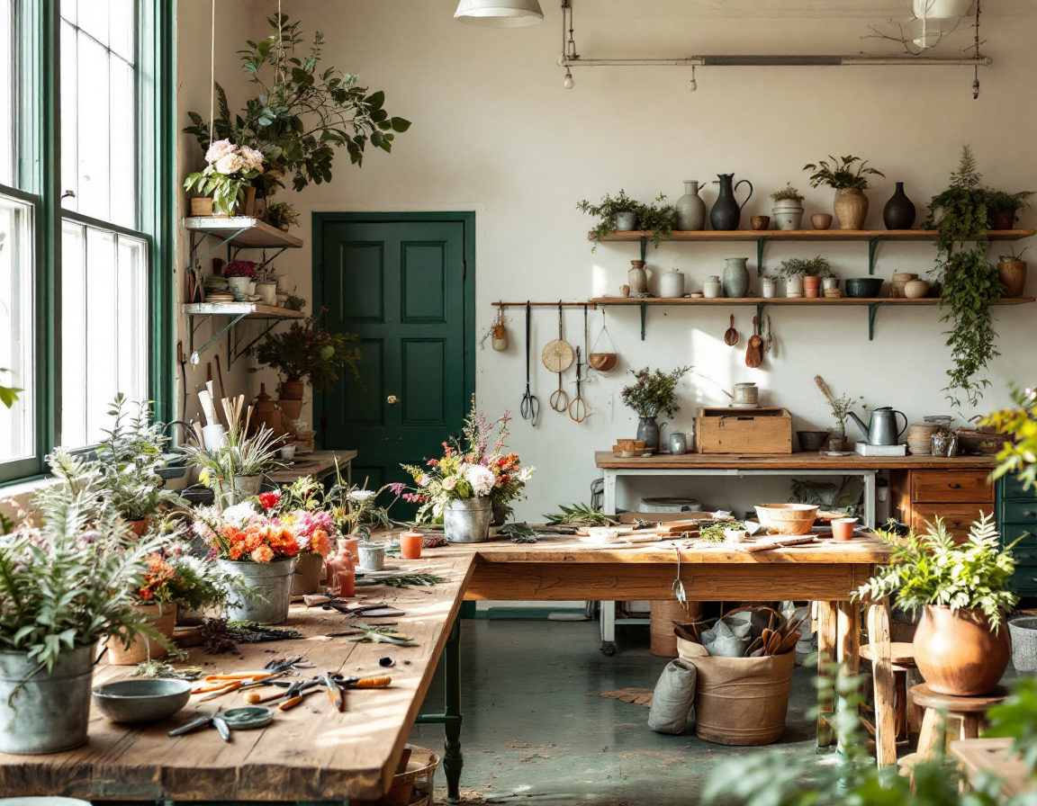 The Marguerite & Fern studio interior with buckets of seasonal flowers along the workbench