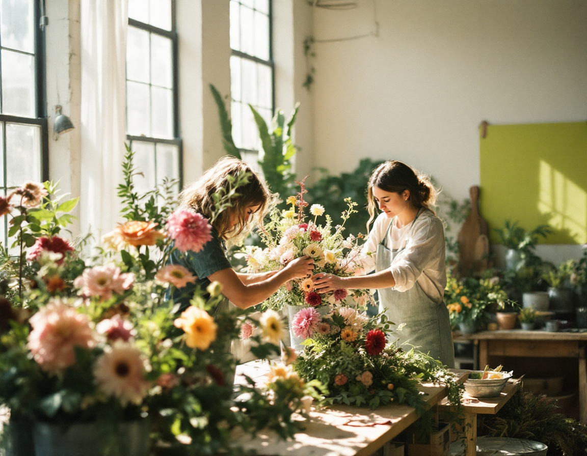 Two florists arranging loose seasonal blooms together at the Marguerite & Fern studio workbench