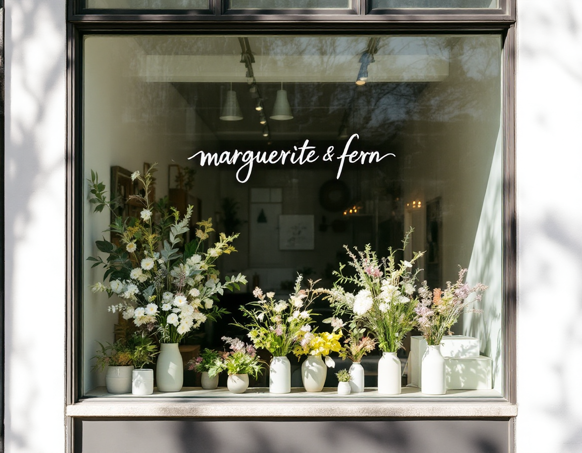 The Marguerite & Fern studio window in Prospect Heights, filled with seasonal arrangements