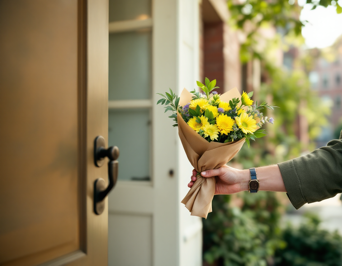 A wrapped bouquet handed across a Brooklyn stoop during delivery