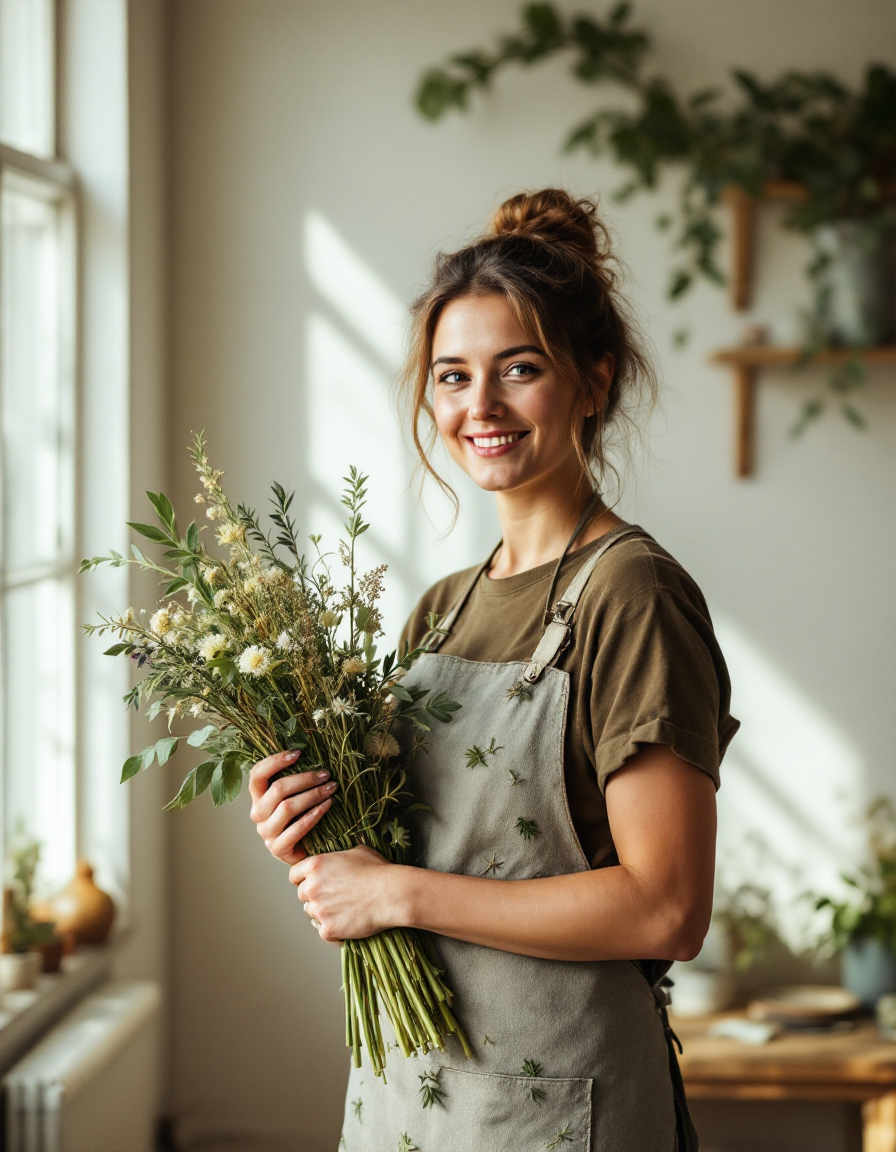 A Marguerite & Fern florist holding a bundle of seasonal stems in the studio