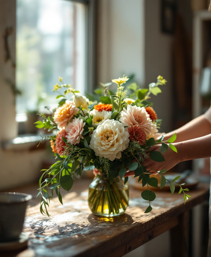 A florist arranging a loose seasonal bouquet at the Marguerite & Fern studio workbench