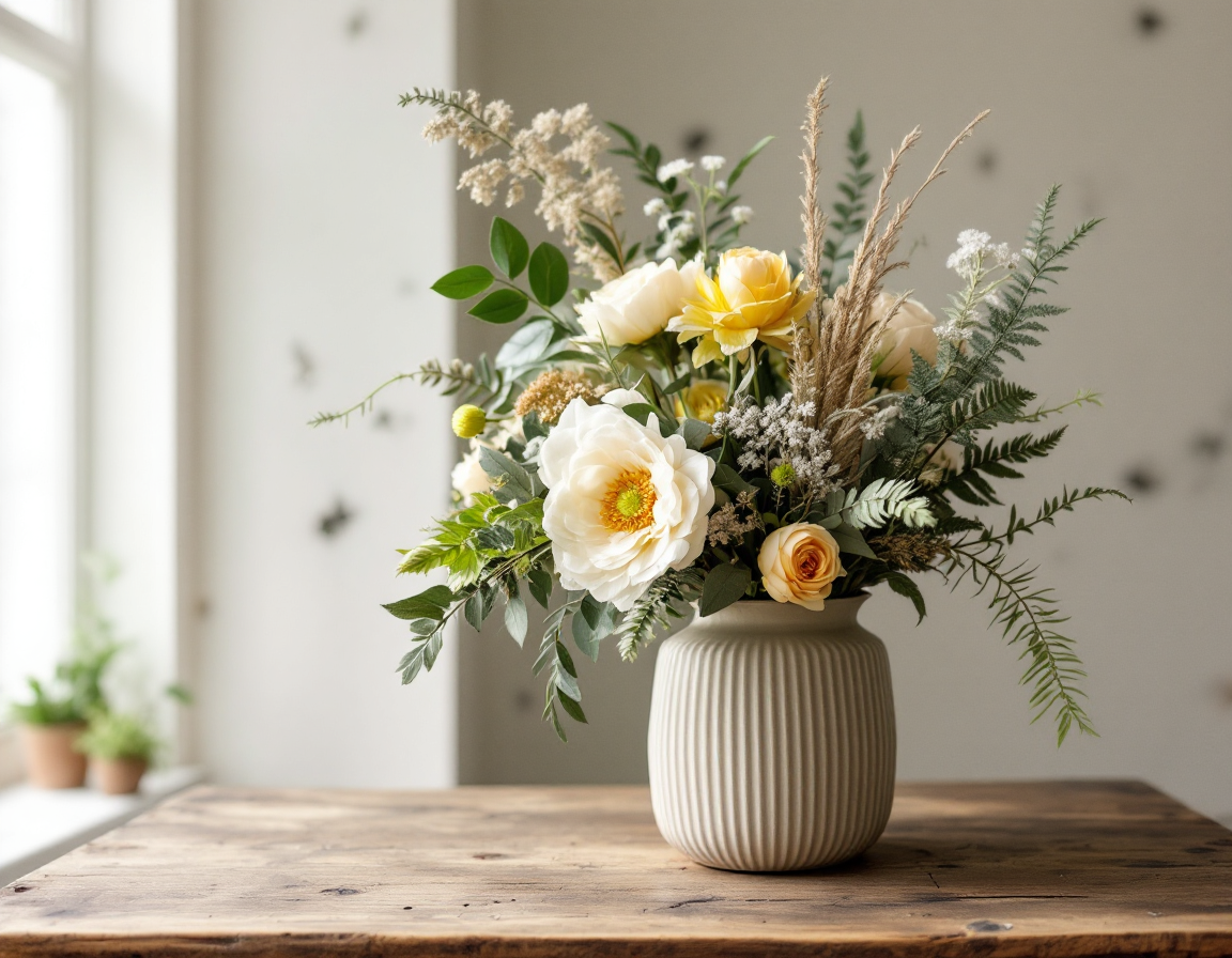 A loose seasonal arrangement of ranunculus, ferns and grasses in a ribbed stoneware vase on the studio workbench
