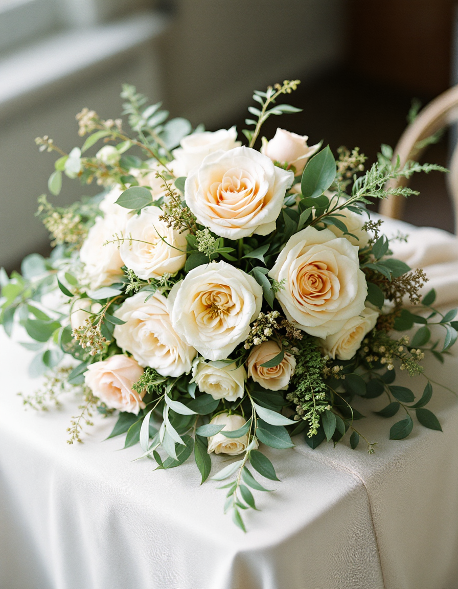 A loose garden-style bridal bouquet of cream roses and trailing greenery on a linen-draped table
