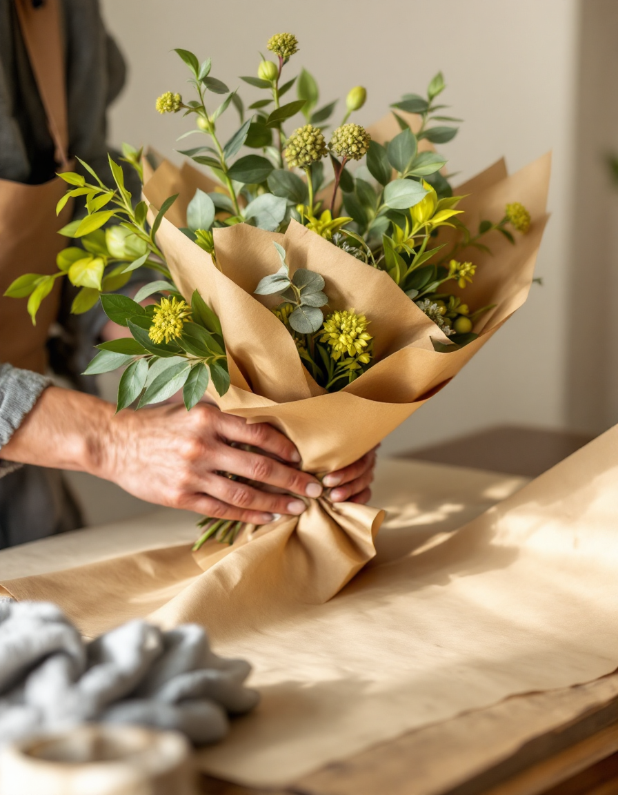 A florist's hands wrapping a hand-tied bouquet in kraft paper at the studio bench